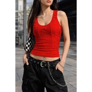 Y2K F & F Red Jacquard Ribbed Bodycon Tank Top Cutout Sides One Size